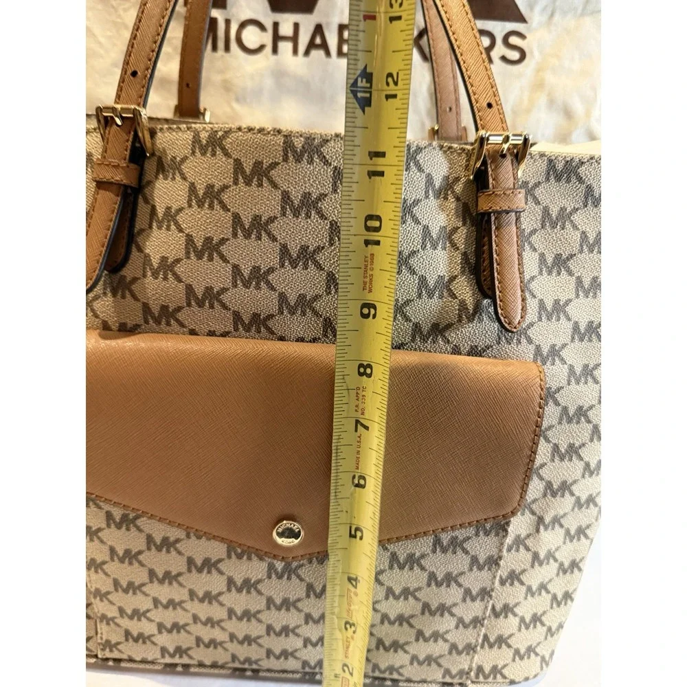 Michael Kors Jet Set Signature MK Logo Tote Bag Beige Brown Large Gold Hardware